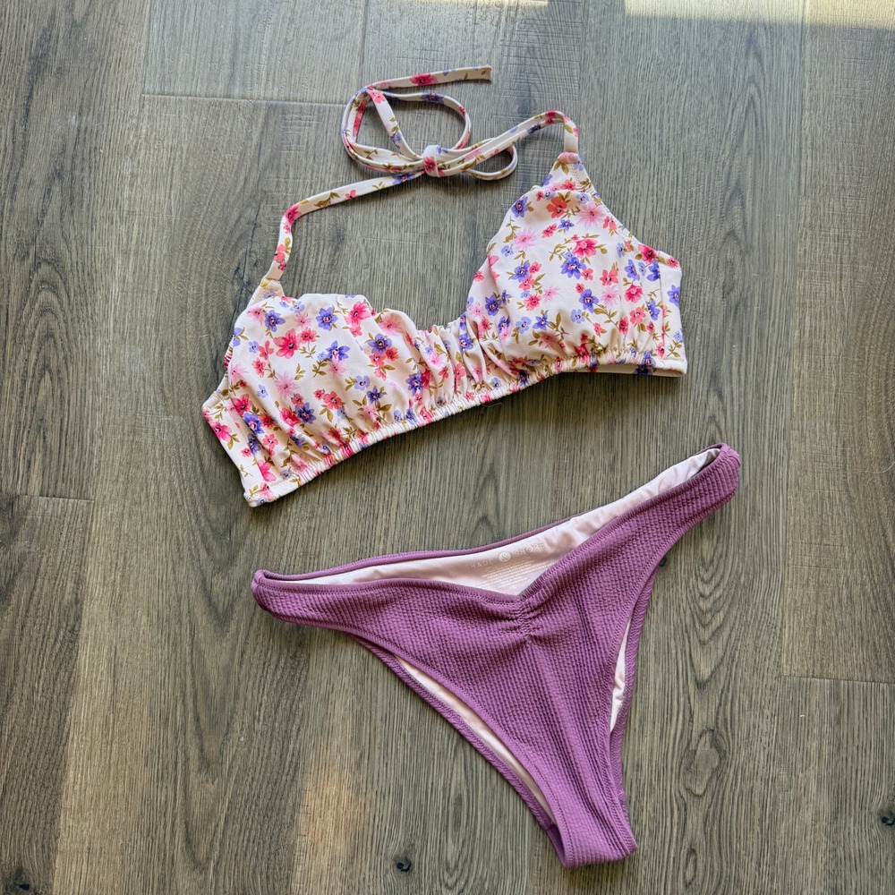 Shade & Shore Women Floral Halter Bikini‎ Top Medium & Mauve Ribbed Bottom Small